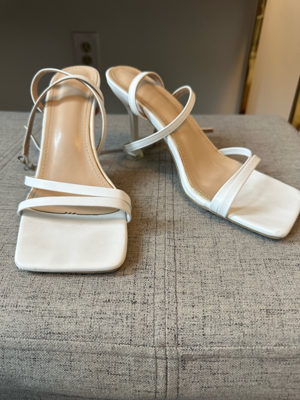 Women's White Strappy Square-Toe Heels